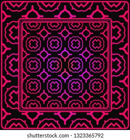 Colored Graphic Pattern Card With Geometric Ornament. Vector Illustration. For Print On Fabric, Papper, Silk Neck Scarf, Kerchief Design. Black purple color.