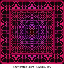 Colored Graphic Pattern Card With Geometric Ornament. Vector Illustration. For Print On Fabric, Papper, Silk Neck Scarf, Kerchief Design. Black purple color.