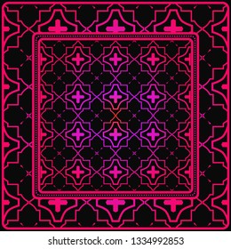 Colored Graphic Pattern Card With Geometric Ornament. Vector Illustration. For Print On Fabric, Papper, Silk Neck Scarf, Kerchief Design. Black purple color.
