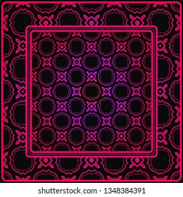 Colored Graphic Pattern Card With Geometric Ornament. Vector Illustration. For Print On Fabric, Papper, Silk Neck Scarf, Kerchief Design. Black purple color.
