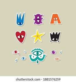 Colored graphic stickers. A set of geometric elements, eyes, hearts, triangles. Hand graphics