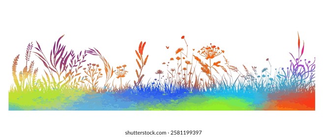 colored grass silhouettes horizontal long background. hand drawing. Not AI Vector illustration.