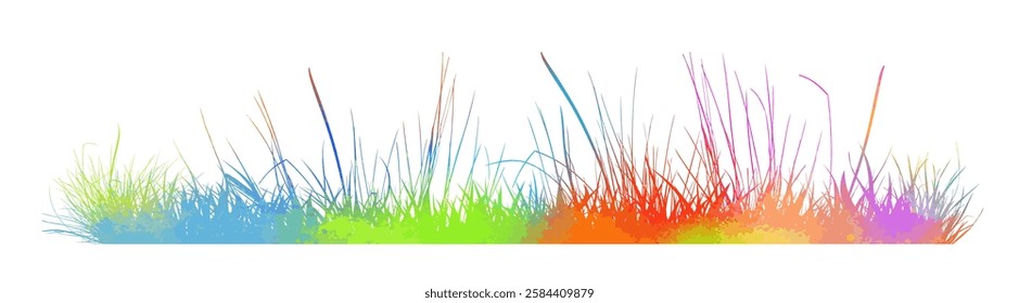 colored grass silhouettes horizontal long background. hand drawing. Not AI Vector illustration.