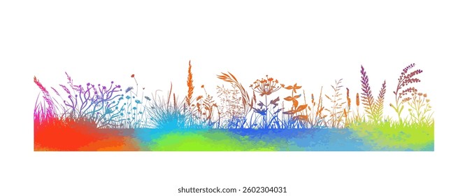colored grass silhouettes horizontal long background. hand drawing. Not AI Vector illustration.