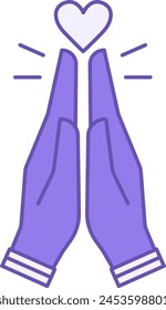 Colored Gratitude Icon. Vector Icon of Heart and Palms Folded in Prayer. Namaste, Meditation, Yoga. Wellness Concept