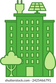 Icono de la ciudad verde coloreado. Icono vectorial de una casa de varios pisos con paneles solares y árboles. Concepto de Ecología y Protección Ambiental