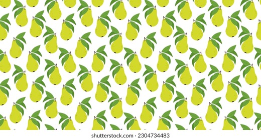 Colored green Pear seamless pattern. Summer fresh sweet fruit repeating print. Organic background, texture for textile, fabric, wrapping. Flat graphic vector illustration