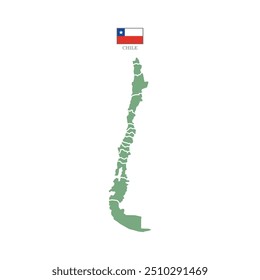 Colored (green) silhouette map of Chile with the outline of regions. Vector illustration with a flag.