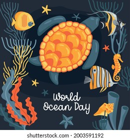 Colored greeting card world ocean day turtle and other marine life on a dark background under water flat vector illustration