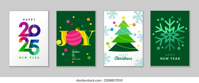 Tarjetas de felicitación de colores para Feliz Navidades y Feliz Año Nuevo 2025. Números de faceta coloridos 2025 con árbol de Navidad, bola de Navidad y confeti para carteles o diseño de vacaciones de venta comercial. Vector