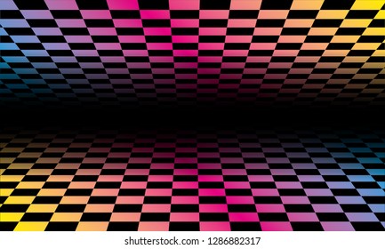 Colored grids background pattern. Rainbow colored tunnel ending in dark infinity. Geometric vector illustration

