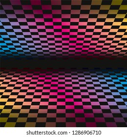 Colored grids background pattern. Rainbow colored tunnel ending in dark infinity. Geometric vector illustration
