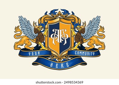 colored griffin crest logo illustration in vintage style