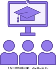 Colored Group Class Icon. Vector Icon. Computer with Webcam, Graduation Hat, and Students. Distance Learning, Online School, E-Learning. Online Education Concept