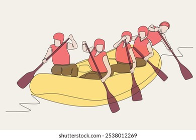 Grupo colorido desfrutando de rafting. Projeto de rafting em rio desenho de uma linha