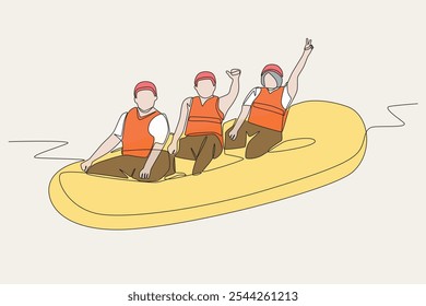 Grupo colorido desfrutando de rafting. Projeto de rafting em rio desenho de uma linha