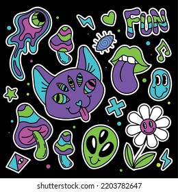 Colorido grupo de emotes e íconos de groovy Resumen de gato Vector