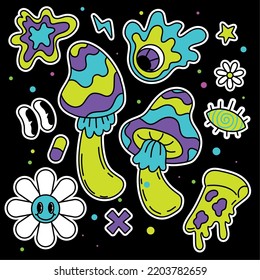 Colored group of groovy emotes and icons Abstract mushroom Vector