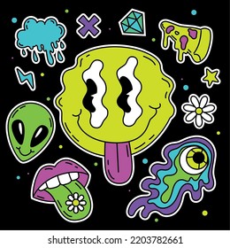 Colored group of groovy emotes and icons Melting face Vector