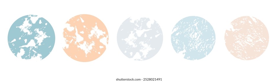 Colored Grunge circles with stains and scratches. Set Round shape design element with shabby. Distressed dirty text frame, border, sticker or label. Paintbrush, ink stains. Vector illustration.