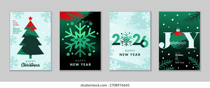 Colored grunge greeting cards set for Merry Christmas and Happy New Year 2026. Creative vector design with xmas tree, facet snowflake, numbers 2026 and christmas ball