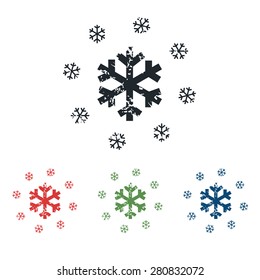 Colored grunge icon set with big snowflake surrounded by smaller ones, isolated on white