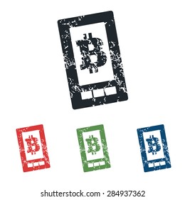 Colored grunge icon set with bitcoin symbol on phone screen, isolated on white
