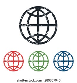 Colored grunge icon set with globe symbol, isolated on white