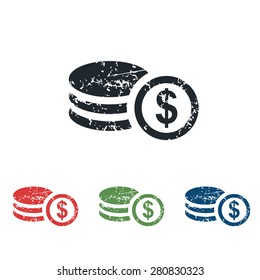 Colored grunge icon set with image of dollar rouleau, isolated on white