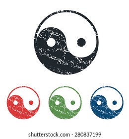 Colored grunge icon set with image of ying yang, isolated on white