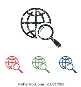 Colored grunge icon set with image of globe under loupe, isolated on white