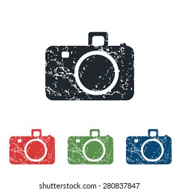 Colored grunge icon set with image of camera, isolated on white