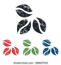 Colored grunge icon set with image of three coffee beans, isolated on white