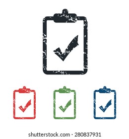 Colored grunge icon set with image of clipboard with tick mark, isolated on white