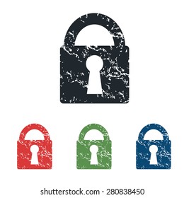 Colored grunge icon set with image of closed padlock, isolated on white