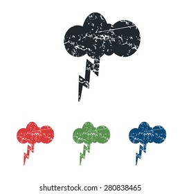 Colored grunge icon set with image of cloud and lightning, isolated on white