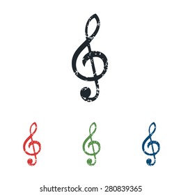 Colored grunge icon set with image of treble clef, isolated on white