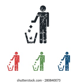 Colored grunge icon set with image of man throwing garbage, isolated on white