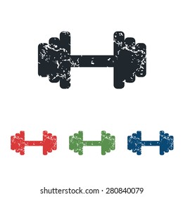 Colored grunge icon set with image of barbell, isolated on white