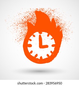 Colored grunge icon set with image of burning clock, isolated on white