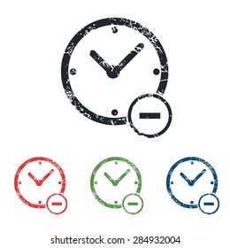 Colored grunge icon set with image of clock with minus, isolated on white