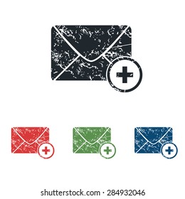 Colored grunge icon set with image of envelope with plus, isolated on white