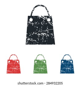 Colored grunge icon set with image of shopping bag, isolated on white