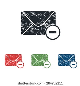Colored grunge icon set with image of envelope with minus, isolated on white