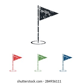 Colored grunge icon set with image of golf flagstick, isolated on white