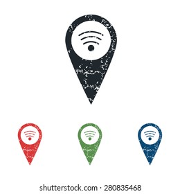 Colored grunge icon set with map pointer with Wi-Fi symbol, isolated on white
