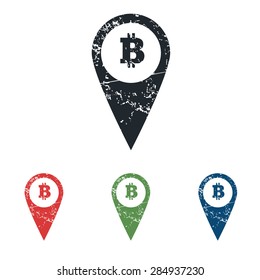 Colored grunge icon set with map marker with bitcoin symbol, isolated on white