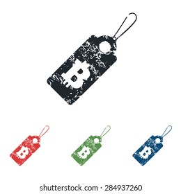 Colored grunge icon set with string tag with bitcoin symbol, isolated on white