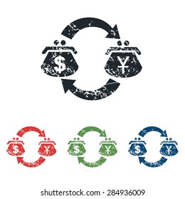 Colored grunge icon set with symbol of dollar-yen exchange, isolated on white