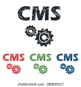 Colored grunge icon set with text CMS and two gears, isolated on white